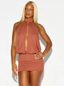 SUMWON WOMEN High Neck Sleeveless Bodycon Mini Dress With Deep Cut-Out Detail And Elastic Waist Blouson Top Party Night Out Summer - Coffee - View 1
