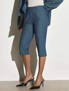 KSTM Pinstripe Cropped Dress Pants High Rise Straight Leg Tailored Capri Trousers Office Smart Formal Spring Summer - Blue - View 3