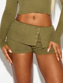 SUMWON WOMEN Ribbed Knit Mini Hot Pants With Button Detail Low Rise Micro Shorts Casual Summer Festival Layered Look - Army Green - View 4