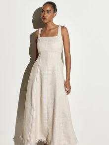 KSTM Tweed Linen Feel Square Neck Sleeveless Fit And Flare Midi Dress With Fringe Hem Asymmetric Handkerchief Skirt Spring Summer Wedding Guest - Beige - View 3