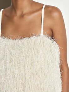 KSTM Fluffy Fringe Cami Top Square Neck Sleeveless Textured Party Holiday Festive Statement - Beige - View 5