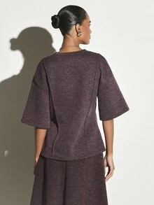 KSTM Structured Seam Detail Elbow Sleeve Crew Neck Knit Top With Curved Waist Panel Autumn Winter Essential - Purple - View 2