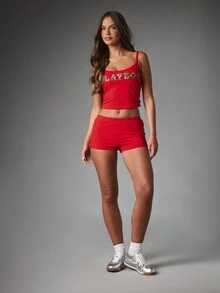 Missguided x Playboy Atasan Cami Crop Tanpa Lengan Leher Bulat dengan Aplikasi Teks Motif Leopard untuk Musim Panas, Festival, Pesta, dan Acara Malam Hari - Merah - View 3