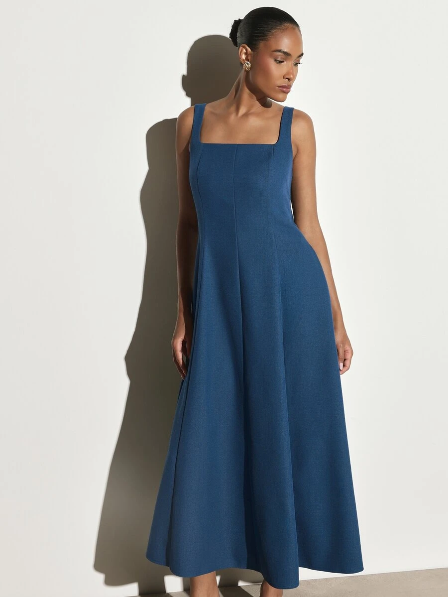 KSTM Square Neck Sleeveless Fit And Flare Midaxi Dress With Structured Bodice And Full Flared Skirt Perfect For Summer Events - Blue - View 1