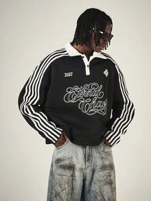 SUMWON Oversized Crop Rugby Shirt With White Collar Stripe Sleeves And Eternal Chaos Cursive Script Graphic Print - Black and White - View 1