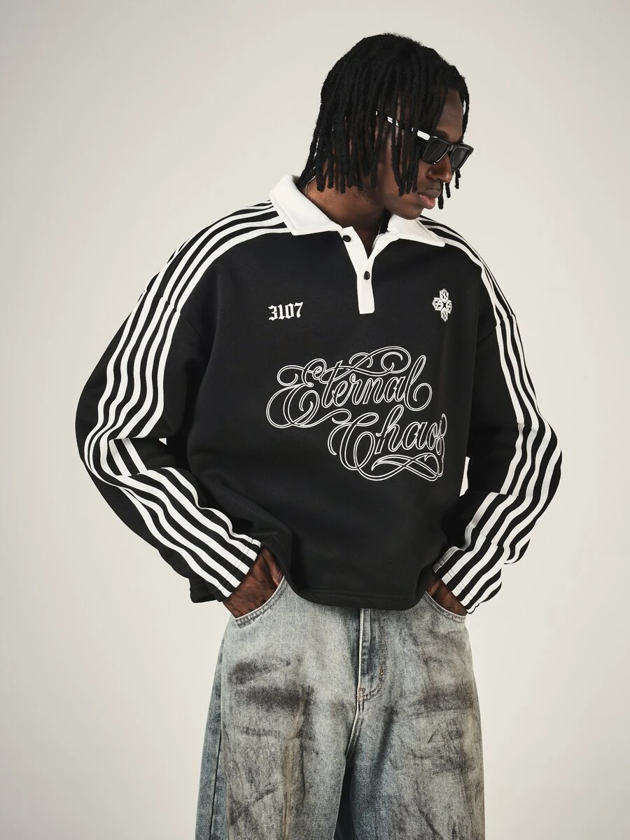SUMWON Oversized Crop Rugby Shirt With White Collar Stripe Sleeves And Eternal Chaos Cursive Script Graphic Print - Black and White - View 1