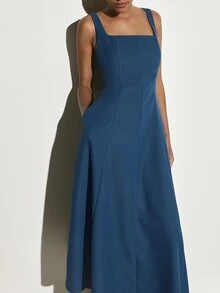 KSTM Square Neck Sleeveless Fit And Flare Midaxi Dress With Structured Bodice And Full Flared Skirt Perfect For Summer Events - Blue - View 5
