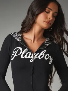 Missguided x Playboy Sweatshirt Crop Full-Zip dengan Lapisan Motif Zebra Lengan Panjang dan Logo Tulisan, Atasan Streetwear Kasual - MultiWarna - View 2