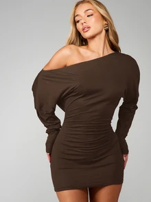 MISSGUIDED One Shoulder Long Sleeve Mini Dress With Ruched Bodycon Skirt - Fall Winter Party Night Out Occasion Wear - Coffee Brown - View 5