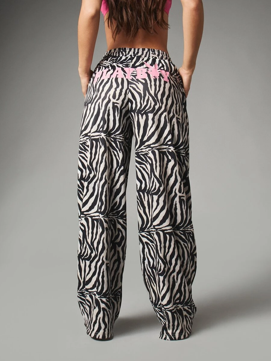 Missguided x Playboy Celana Kasual Kaki Lebar Motif Zebra dengan Pinggang Elastis dan Logo di Pinggang, Sempurna untuk Pakaian Jalanan Festival Musim Panas - Hitam dan Putih - View 1