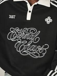 SUMWON Oversized Crop Rugby Shirt With White Collar Stripe Sleeves And Eternal Chaos Cursive Script Graphic Print - Black and White - View 6
