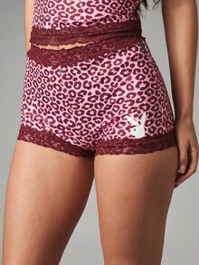 Missguided x Playboy Bunny Logo High Rise Mini Hot Pants With Burgundy Lace Trim Pink Leopard Print Stretch Shorts Summer Festival - Multicolor - View 1