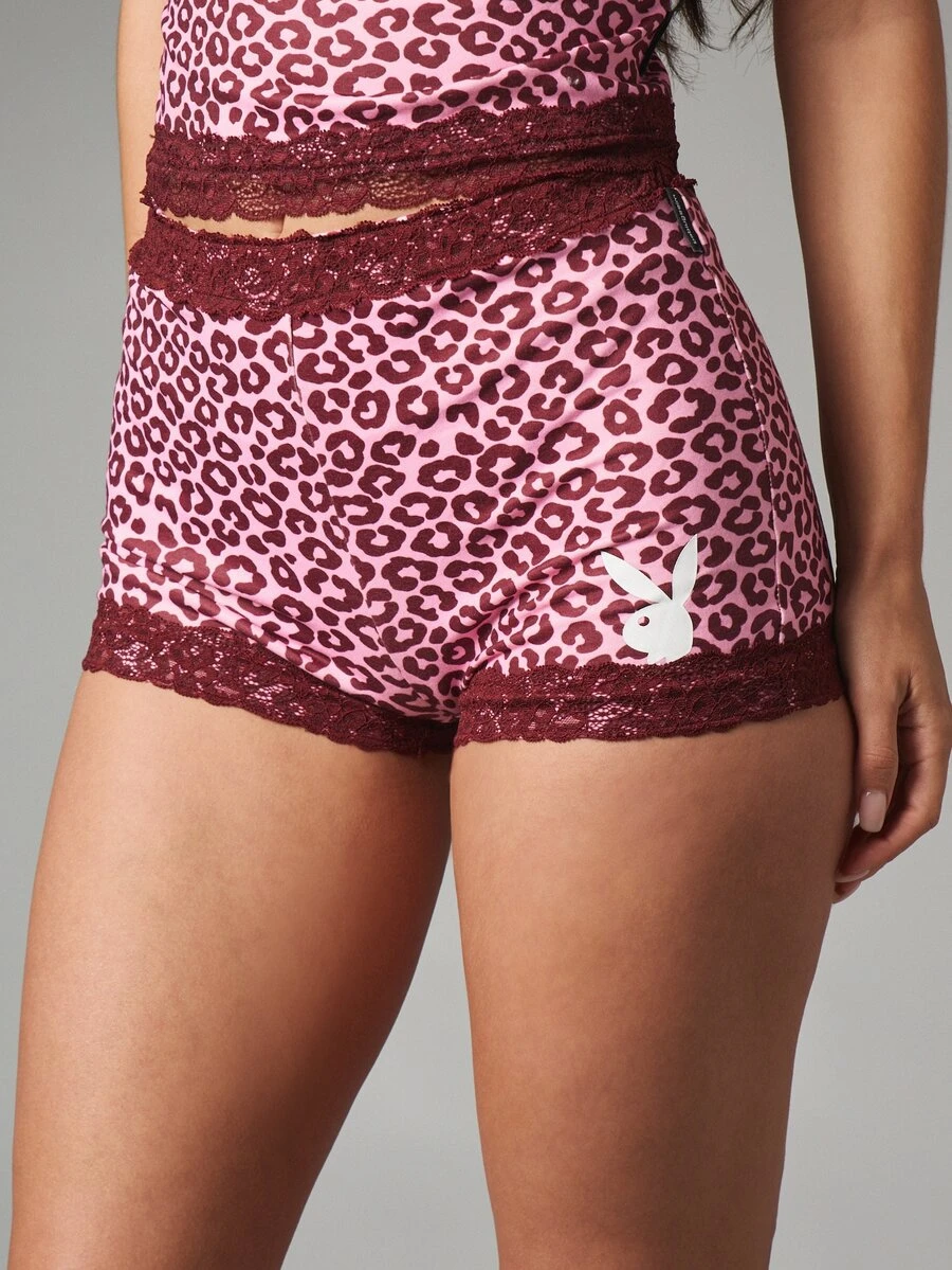 Missguided x Playboy Bunny Logo High Rise Mini Hot Pants With Burgundy Lace Trim Pink Leopard Print Stretch Shorts Summer Festival - Multicolor - View 1