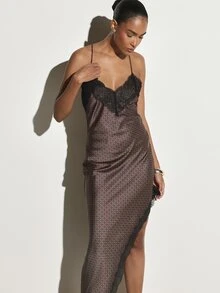 KSTM Geometric Print Satin Slip Dress With Black Lace Trim V-Neck Asymmetric Hem Criss Cross Back Straps Midaxi Length Evening Party Dress - Multicolor - View 3