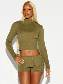 SUMWON WOMEN Ribbed Knit Crop Sweater Top With Collared Neckline Button Detail And Long Fitted Sleeves Fall Winter Essential - Army Green - View 4