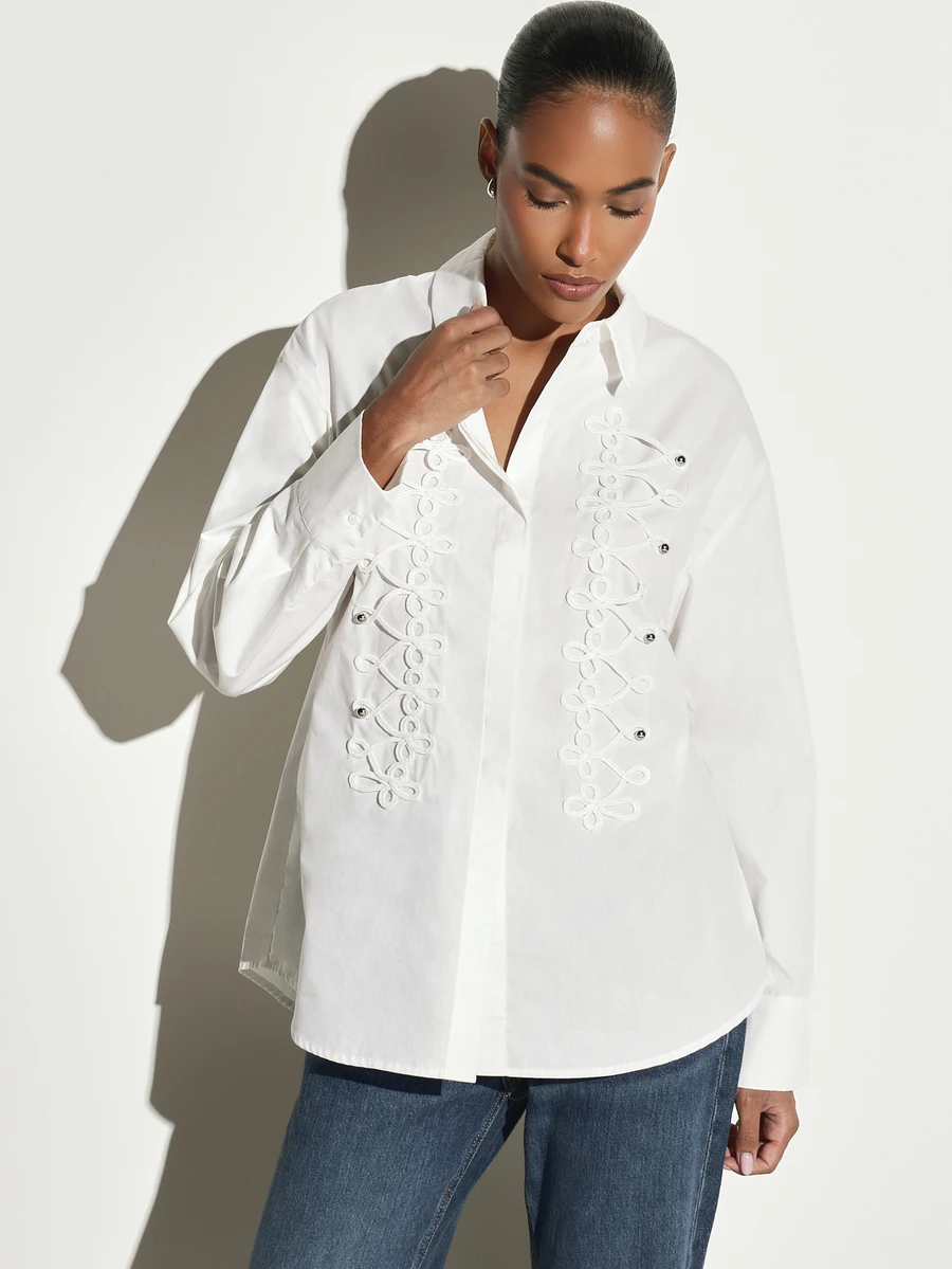 KSTM Oversized White Button-Front Collared Shirt With Decorative Cord Embroidery And Silver Stud Details Long Sleeve Relaxed Fit Spring Blouse - White - View 1