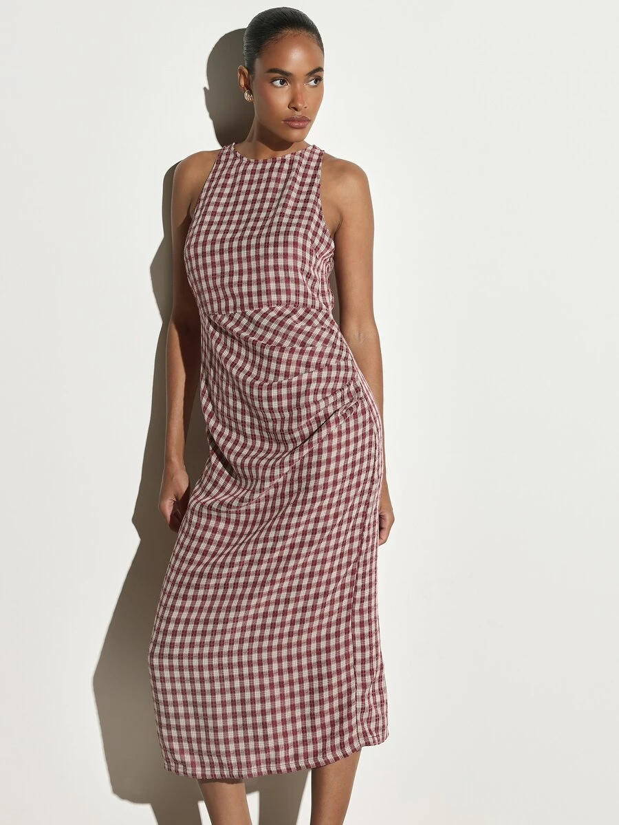 KSTM Checked Halter Neck Midi Dress With Ruched Waist Detail Sleeveless Sheath Silhouette Summer Wedding Guest Party Dress - Multicolor - View 1