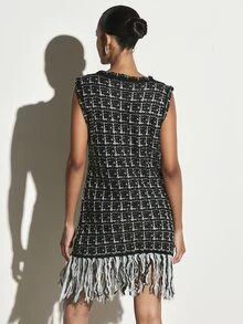 KSTM Tweed Checked Sleeveless Mini Shift Dress With Fringe Hem Detail Crew Neck Boxy Fit Party Holiday Evening Style - Multicolor - View 2