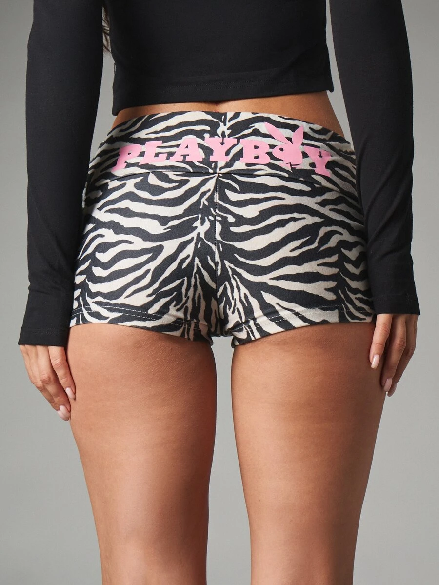 Missguided x Playboy Zebra Print Mini Hot Pants With Logo Waistband Bum Print Micro Booty Shorts Summer Festival Party - Multicolor - View 1