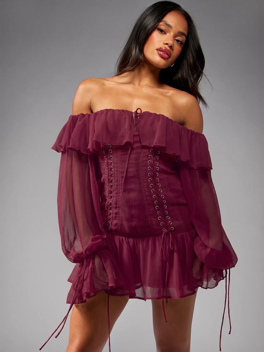 MISSGUIDED Off Shoulder Corset Mini Dress With Ruffle Trim Lace-Up Detail And Billowing Long Sleeves - Perfect For Valentine's Day And Holiday Parties - Burgundy - View 1