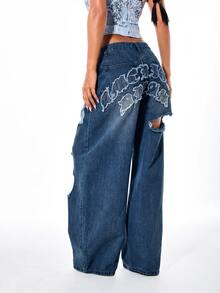SUMWON WOMEN Wide Leg Distressed Denim Jeans With Old English Letter Applique Frayed Patch Detail And Ripped Knee Cut Out - Dark Wash - View 2