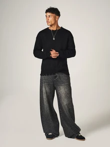 SUMWON Project Distressed Knit Sweater With Cursive Script Back Print Crew Neck Long Sleeve Pullover - Black - View 3
