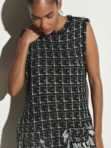 KSTM Tweed Checked Sleeveless Mini Shift Dress With Fringe Hem Detail Crew Neck Boxy Fit Party Holiday Evening Style - Multicolor - View 4