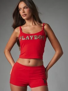Missguided x Playboy Atasan Cami Crop Tanpa Lengan Leher Bulat dengan Aplikasi Teks Motif Leopard untuk Musim Panas, Festival, Pesta, dan Acara Malam Hari - Merah - View 1