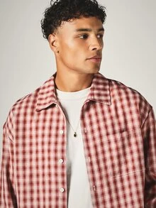 SUMWON Plaid Flannel Shirt With Script Logo Embroidery On Back Collared Long Sleeve Oversized Fit Button-Up Top - Red and White - View 4