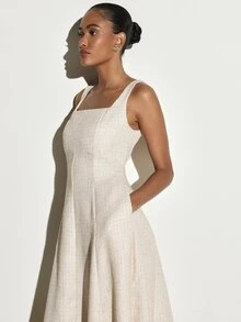 KSTM Tweed Linen Feel Square Neck Sleeveless Fit And Flare Midi Dress With Fringe Hem Asymmetric Handkerchief Skirt Spring Summer Wedding Guest - Beige - View 4