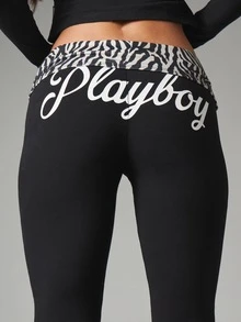 Missguided x Playboy Script Logo Flared Leggings With Zebra Print Fold-Over Waistband Full Length Low Rise Bootcut Style Casual Everyday Pants - Black - View 4