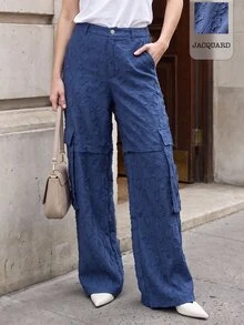 Rouah Women's Textured Cargo Pocket Straight Leg Loose Fit Pants - Autumn Pants, Fall Pants, Textured Pants For Autumn, Wide Leg Pant, Wide Leg Texture Trouser For Autumn - Blue - View 8