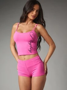 Missguided x Playboy Script Logo Crop Cami Top Scoop Neck Sleeveless Slim Fit Summer Night Out Party Festival Top - Hot Pink - View 4