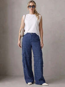 Rouah Women's Textured Cargo Pocket Straight Leg Loose Fit Pants - Autumn Pants, Fall Pants, Textured Pants For Autumn, Wide Leg Pant, Wide Leg Texture Trouser For Autumn - Blue - View 3