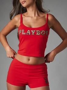 Missguided x Playboy Atasan Cami Crop Tanpa Lengan Leher Bulat dengan Aplikasi Teks Motif Leopard untuk Musim Panas, Festival, Pesta, dan Acara Malam Hari - Merah - View 4