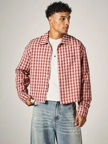 SUMWON Plaid Flannel Shirt With Script Logo Embroidery On Back Collared Long Sleeve Oversized Fit Button-Up Top - Red and White - View 2