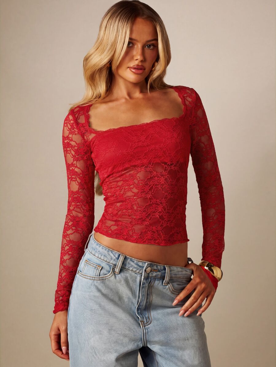 MISSGUIDED Floral Lace Square Neck Crop Top With Long Sheer Sleeves Scalloped Hem Valentine Date Night Night Out - Red - View 1