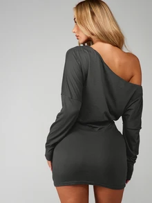 MISSGUIDED One Shoulder Mini Dress With Long Sleeves And Ruched Bodycon Fit Perfect For Party Night Out And Holiday Season - Dark Grey - View 2