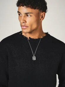 SUMWON Project Distressed Knit Sweater With Cursive Script Back Print Crew Neck Long Sleeve Pullover - Black - View 4
