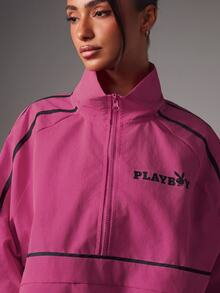 Missguided x Playboy Logo Cropped Track Jacket With Zip Front Black Piping Elastic Hem And Cuffs Spring Summer Festival Streetwear - Hot Pink - View 2