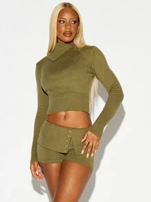 SUMWON WOMEN Ribbed Knit Crop Sweater Top With Collared Neckline Button Detail And Long Fitted Sleeves Fall Winter Essential - Army Green - View 1