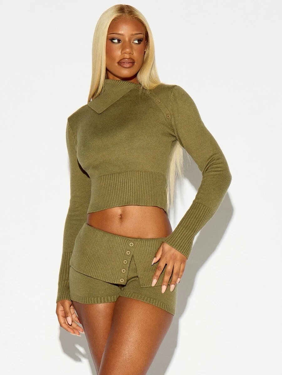 SUMWON WOMEN Ribbed Knit Crop Sweater Top With Collared Neckline Button Detail And Long Fitted Sleeves Fall Winter Essential - Army Green - View 1