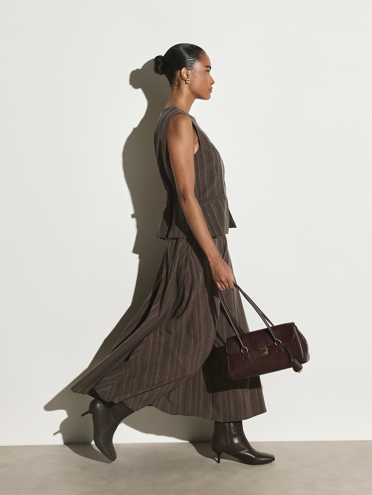KSTM Pinstripe Skirt With High Rise Waist And Pleated A-Line Silhouette With Side Pockets Fall Winter Style - Multicolor - View 2