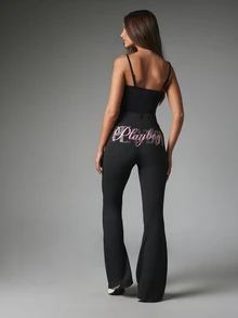 Missguided x Playboy Rhinestone Logo High Rise Flared Leggings With Pink Script Bum Print Wide Waistband Full Length Bell Flare Hem - Black - View 3