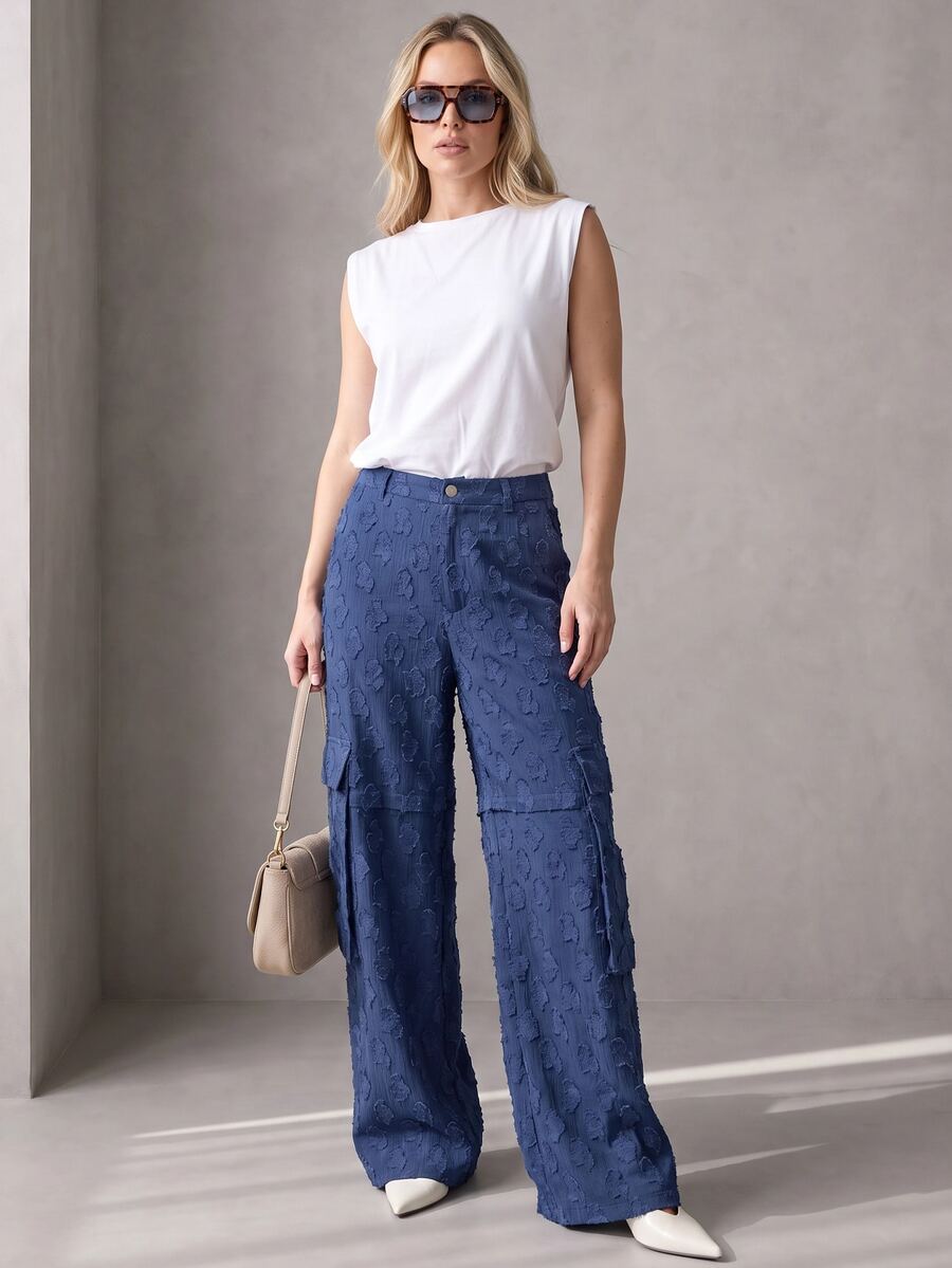Rouah Women's Textured Cargo Pocket Straight Leg Loose Fit Pants - Autumn Pants, Fall Pants, Textured Pants For Autumn, Wide Leg Pant, Wide Leg Texture Trouser For Autumn - Blue - View 1