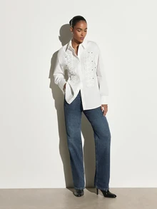KSTM Oversized White Button-Front Collared Shirt With Decorative Cord Embroidery And Silver Stud Details Long Sleeve Relaxed Fit Spring Blouse - White - View 3