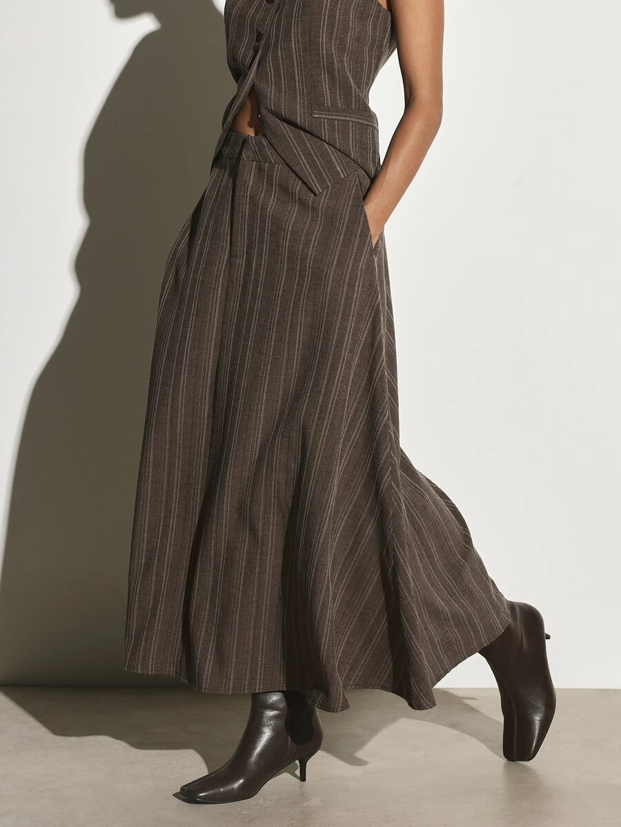 KSTM Pinstripe Skirt With High Rise Waist And Pleated A-Line Silhouette With Side Pockets Fall Winter Style - Multicolor - View 1