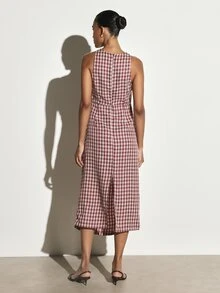 KSTM Checked Halter Neck Midi Dress With Ruched Waist Detail Sleeveless Sheath Silhouette Summer Wedding Guest Party Dress - Multicolor - View 5