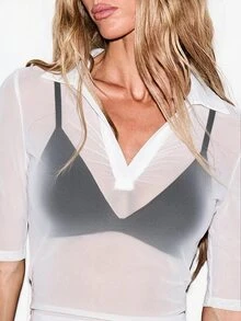 KIZN Sheer Mesh Polo Collar V-Neck Top With Half Sleeves - Semi-Transparent Fitted Layer For Spring Summer Party Nights - White - View 4