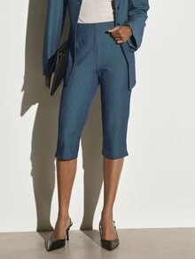 KSTM Pinstripe Cropped Dress Pants High Rise Straight Leg Tailored Capri Trousers Office Smart Formal Spring Summer - Blue - View 1